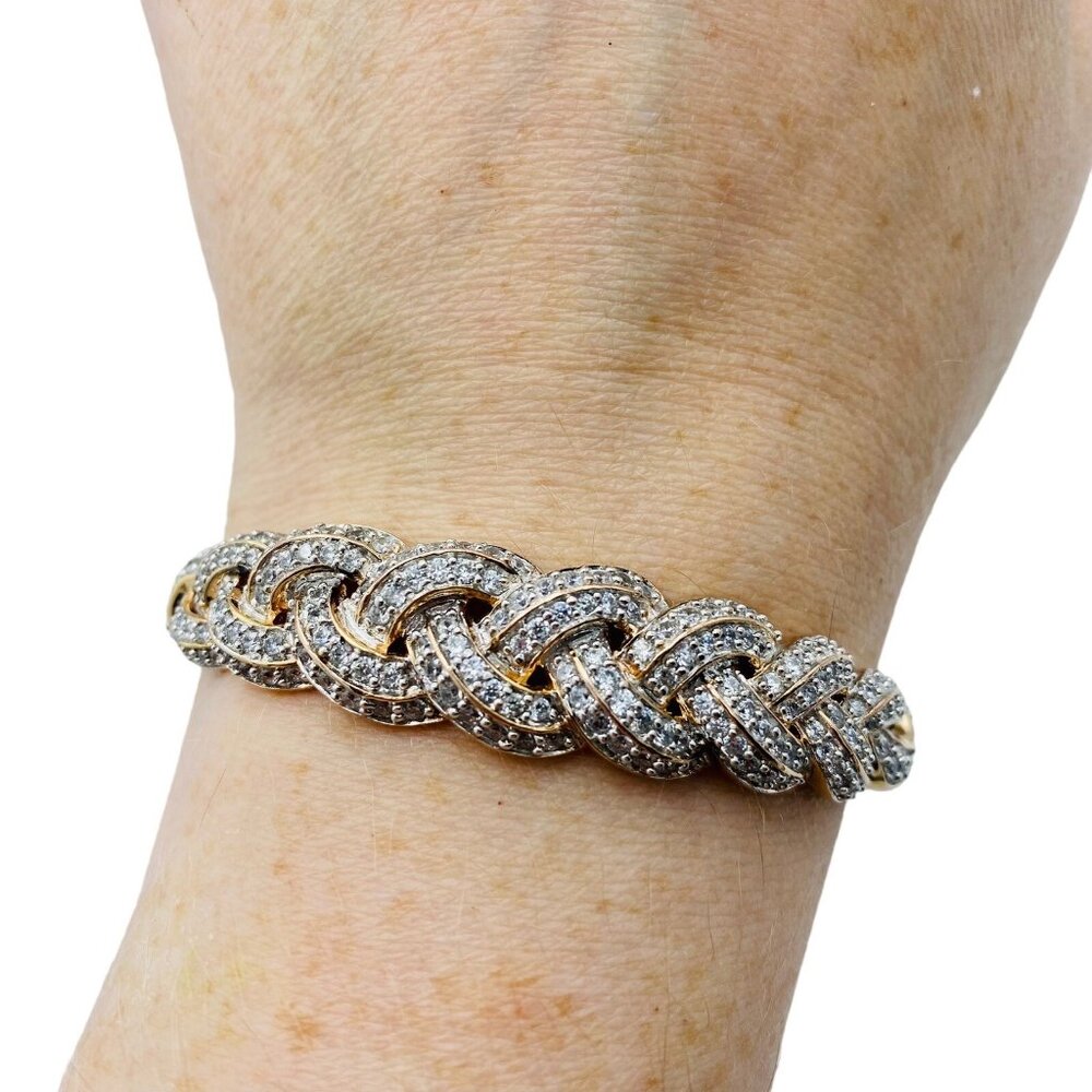 Sterling Silver Rose Gold Braided Cubic Zirconia Hinged Bracelet  6.5In 20.6gs
